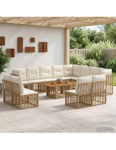 Set Divano da Giardino 13 pz Naturale e Bianco Crema polyrattan