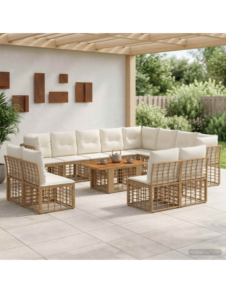 Set Divano da Giardino 13 pz Naturale e Bianco Crema polyrattan