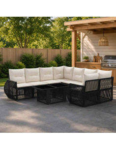 Set Divano da Giardino 9 pz Nero e Bianco Crema polyrattan
