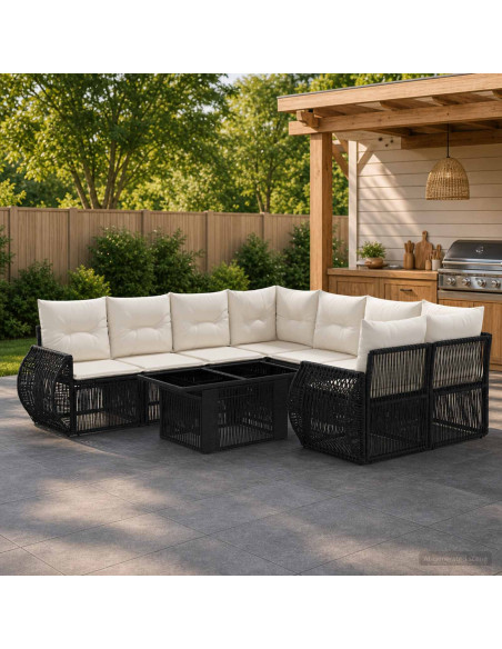 Set Divano da Giardino 9 pz Nero e Bianco Crema polyrattan