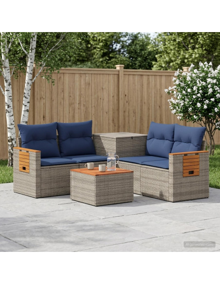 Set di divani 6 pz Grigio e Blu Navy Rattan sintetico e Acciaio