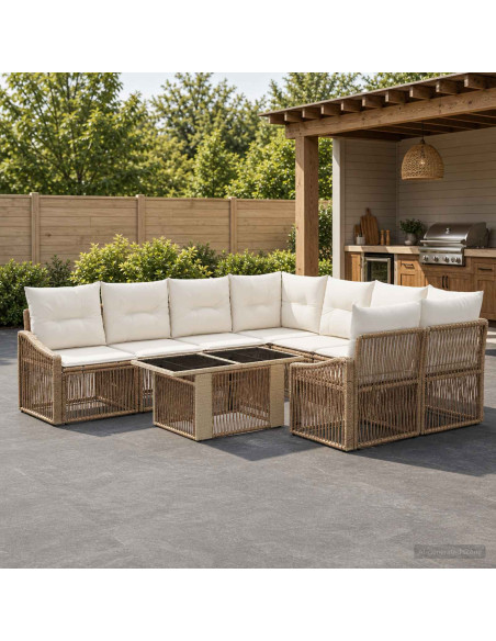 Set Divano da Giardino 9 pz Beige e Bianco Crema polyrattan