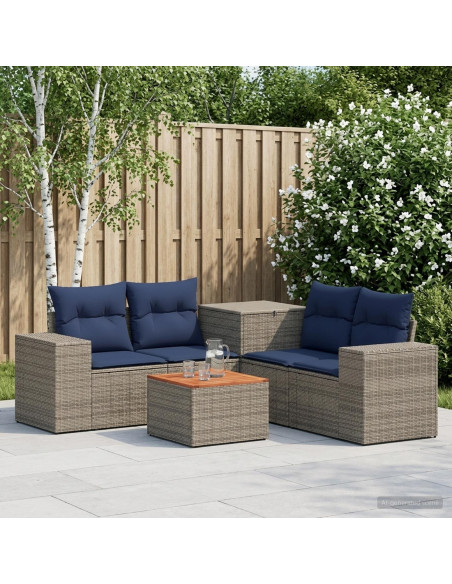 Set di divani 6 pz Grigio e Blu Navy Rattan sintetico e Acciaio