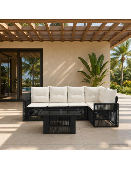 Set Divano da Giardino 6 pz Nero e Bianco Crema polyrattan