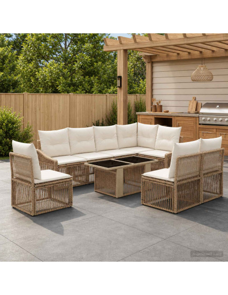 Set Divano da Giardino 9 pz Beige e Bianco Crema polyrattan