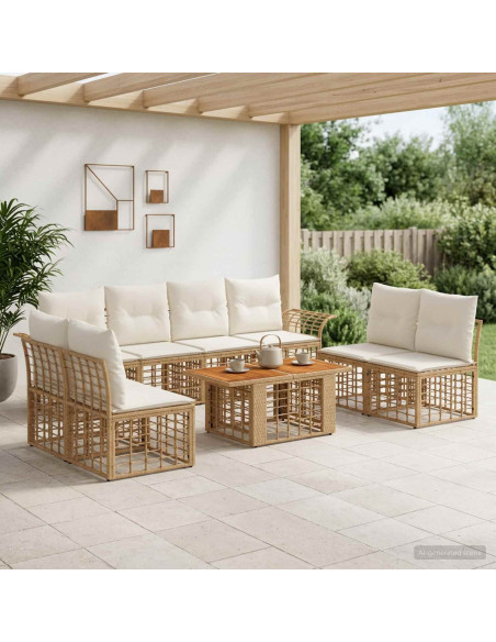 Set Divano da Giardino 9 pz Naturale e Bianco Crema polyrattan