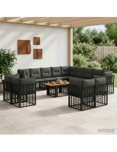 Set Divano da Giardino 14 pz Nero e Grigio scuro polyrattan