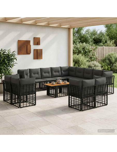 Set Divano da Giardino 14 pz Nero e Grigio scuro polyrattan
