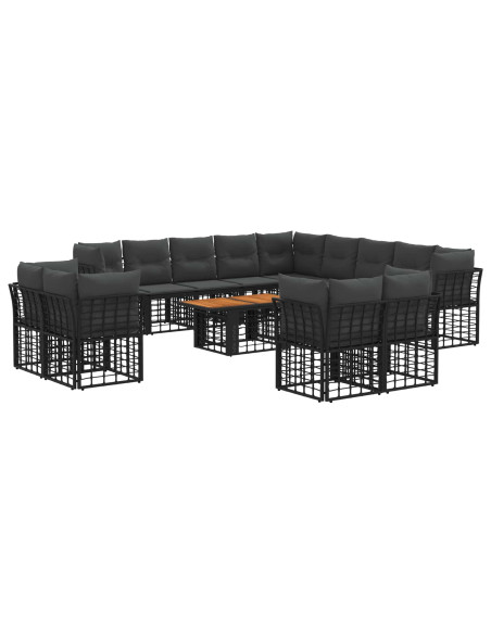 Set Divano da Giardino 14 pz Nero e Grigio scuro polyrattan