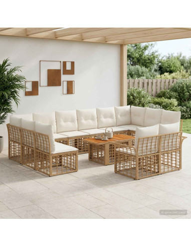 Set Divano da Giardino 13 pz Naturale e Bianco Crema polyrattan