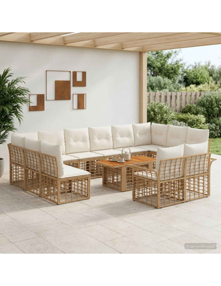 Set Divano da Giardino 13 pz Naturale e Bianco Crema polyrattan