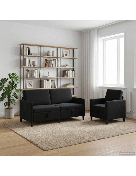 Set di Divani con Storage 2 pz Nero Poliestere