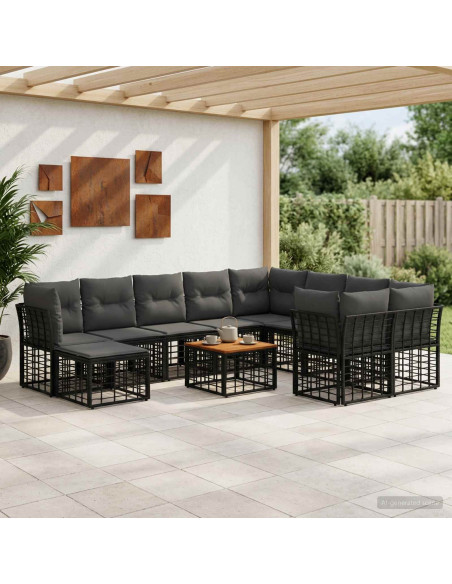 Set di divani da esterno 11 pz Nero e Grigio scuro polyrattan