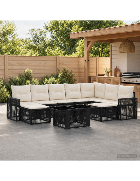 Set Divano da Giardino 10 pz Nero e Bianco Crema polyrattan