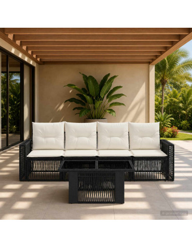 Set Divano da Giardino 5 pz Nero e Bianco Crema polyrattan