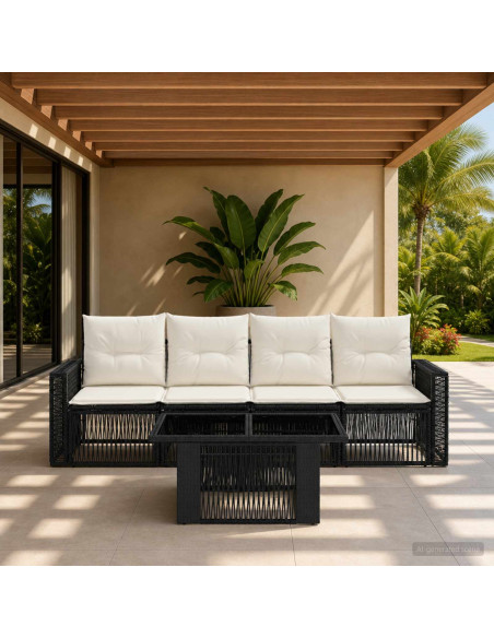 Set Divano da Giardino 5 pz Nero e Bianco Crema polyrattan