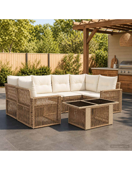 Set Divano da Giardino 7 pz Beige e Bianco Crema polyrattan