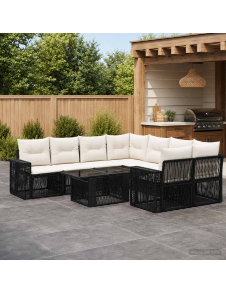 Set Divano da Giardino 9 pz Nero e Bianco Crema polyrattan