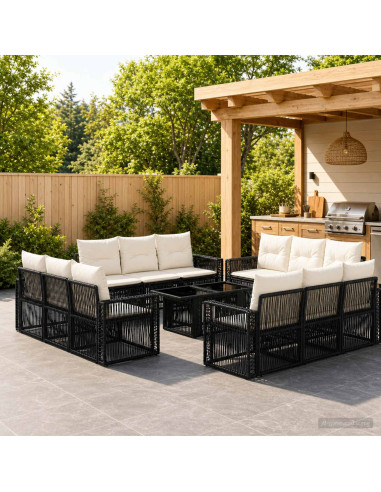 Set Divano da Giardino 13 pz Nero e Bianco Crema polyrattan