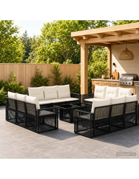 Set Divano da Giardino 13 pz Nero e Bianco Crema polyrattan