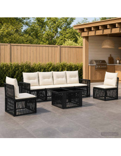 Set Divano da Giardino 7 pz Nero e Bianco Crema polyrattan