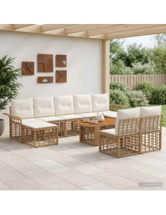 Set Divano da Giardino 10 pz Naturale e Bianco Crema polyrattan