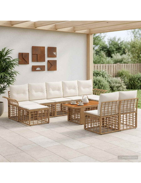 Set Divano da Giardino 10 pz Naturale e Bianco Crema polyrattan