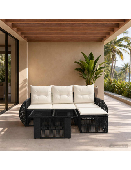 Set Divano da Giardino 5 pz Nero e Bianco Crema polyrattan
