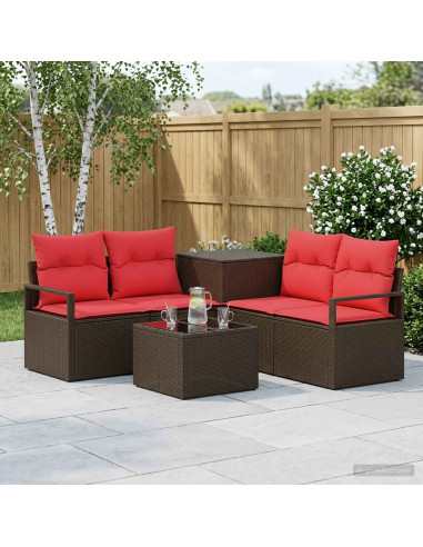 Set di divani 6 pz Marrone e Rosso Rattan sintetico e Acciaio