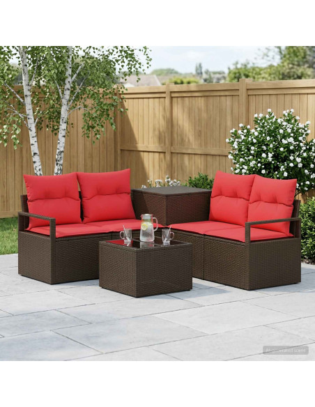 Set di divani 6 pz Marrone e Rosso Rattan sintetico e Acciaio