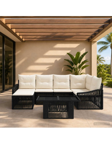 Set Divano da Giardino 7 pz Nero e Bianco Crema polyrattan