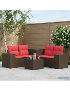 Set di divani 6 pz Marrone e Rosso Rattan sintetico e Acciaio