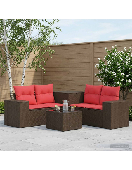 Set di divani 6 pz Marrone e Rosso Rattan sintetico e Acciaio