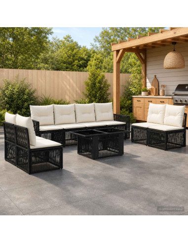 Set Divano da Giardino 9 pz Nero e Bianco Crema polyrattan