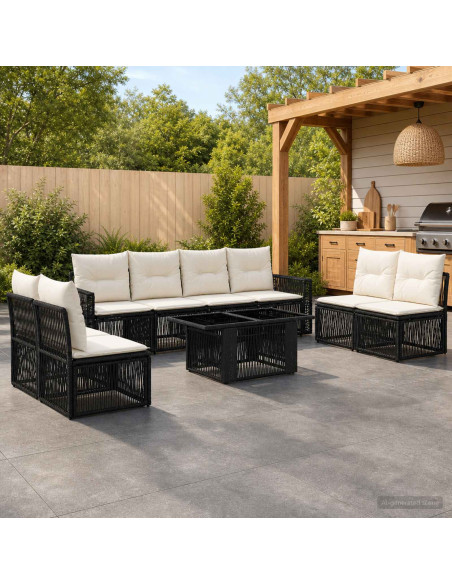 Set Divano da Giardino 9 pz Nero e Bianco Crema polyrattan
