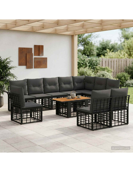 Set Divano da Giardino 11 pz Nero e Grigio scuro polyrattan