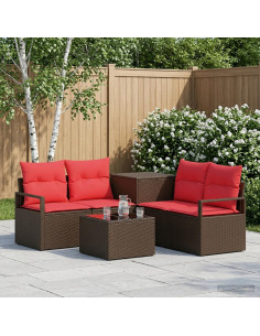 Set di divani 6 pz Marrone e Rosso Rattan sintetico e Acciaio