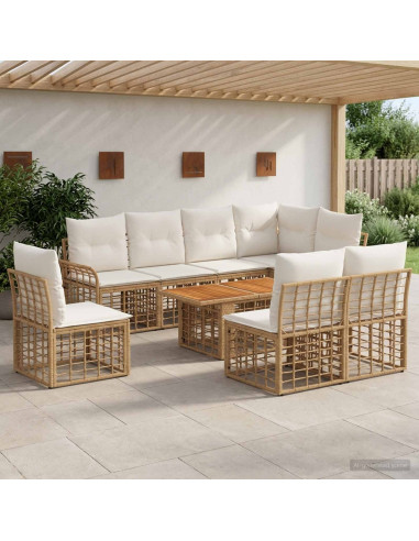 Set Divano da Giardino 9 pz Naturale e Bianco Crema polyrattan