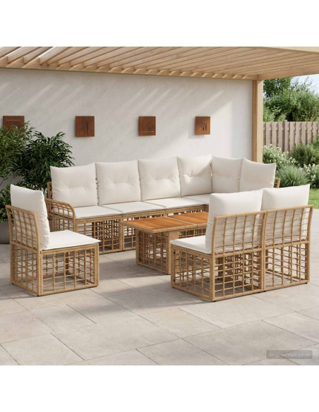 Set Divano da Giardino 9 pz Naturale e Bianco Crema polyrattan