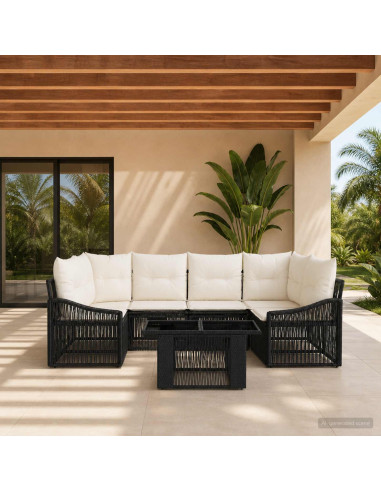 Set Divano da Giardino 7 pz Nero e Bianco Crema polyrattan