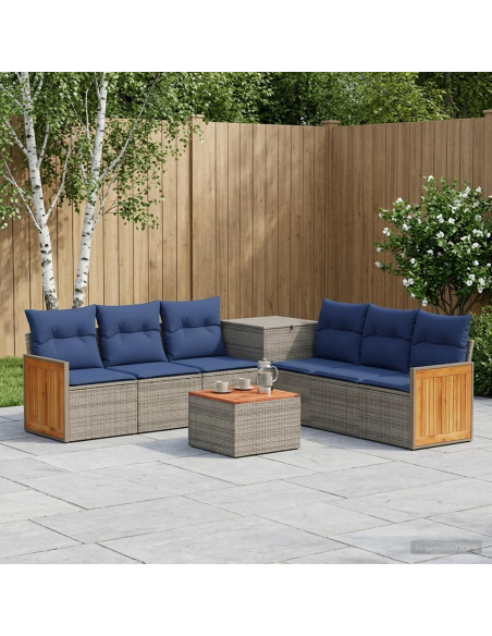 Set di divani 8 pz Grigio e Blu Navy Rattan sintetico e Acciaio