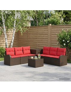 Set di divani 8 pz Marrone e Rosso Rattan sintetico e Acciaio