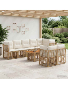 Set Divano da Giardino 9 pz Naturale e Bianco Crema polyrattan