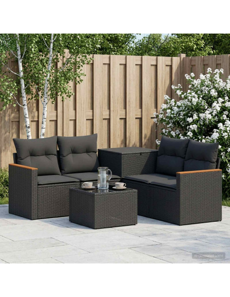 Set di divani 6 pz Nero Rattan sintetico e Acciaio