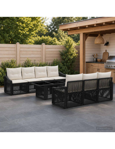 Set Divano da Giardino 8 pz Nero e Bianco Crema polyrattan