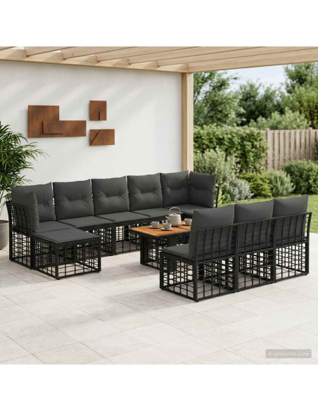 Set Divano da Giardino 11 pz Nero e Grigio scuro polyrattan