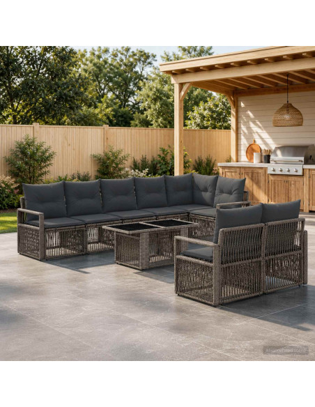 Set Divano da Giardino 9 pz Grigio e Grigio Scuro polyrattan