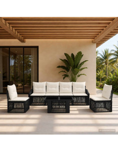 Set Divano da Giardino 7 pz Nero e Bianco Crema polyrattan