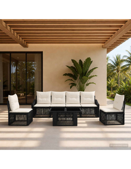 Set Divano da Giardino 7 pz Nero e Bianco Crema polyrattan