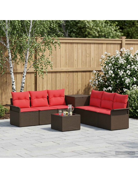 Set di divani 8 pz Marrone e Rosso Rattan sintetico e Acciaio